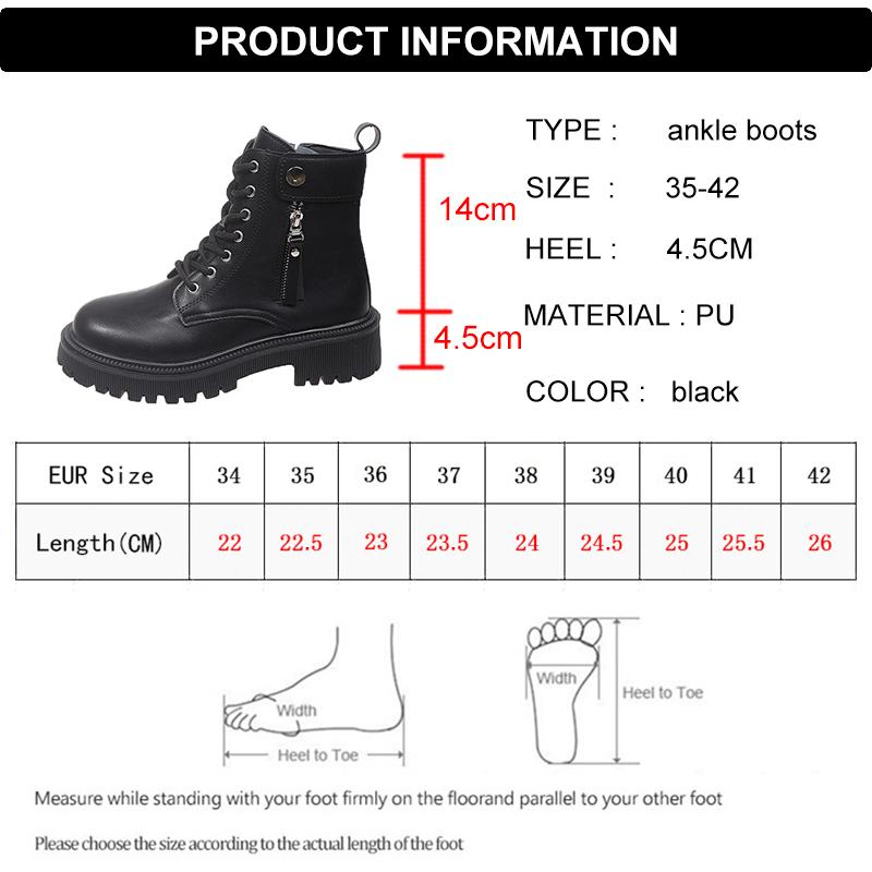 Fashion Punk Zipper Decor Platform Ankle Boots for Women Autumn Winter Black Thick Sole Short Booties Mujer Lace Up Pu Leather Boots