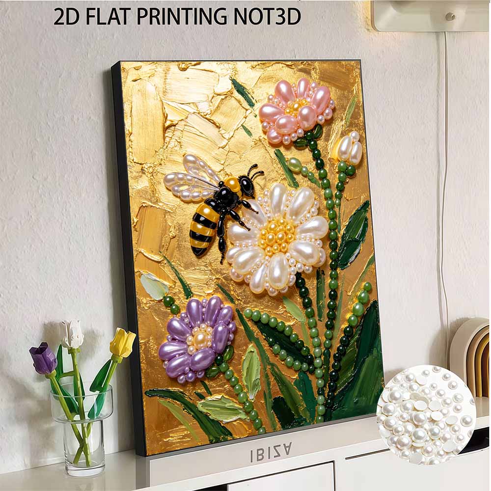Pearl Painting DIY Kit Bee And Elegant Flower Design Frameless Shiny Bead Canvas Creative Craft For Home Wall Decor Art Project Hobby Supplies