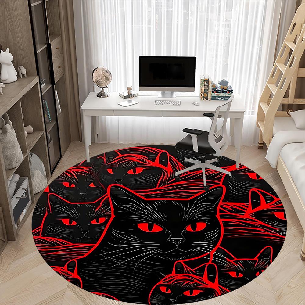 1pc Black Cats Office Round Area Rug, Indoor Mat Suitable ForOffice, Under Office Chairs Bedroom Living Room Home Decor T154