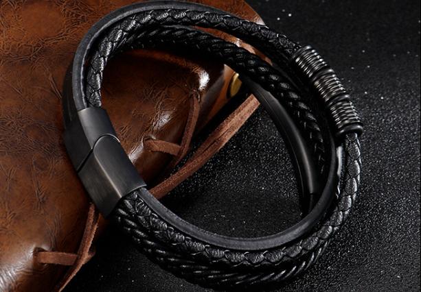 Black leather bracelet with steel accents 19cm