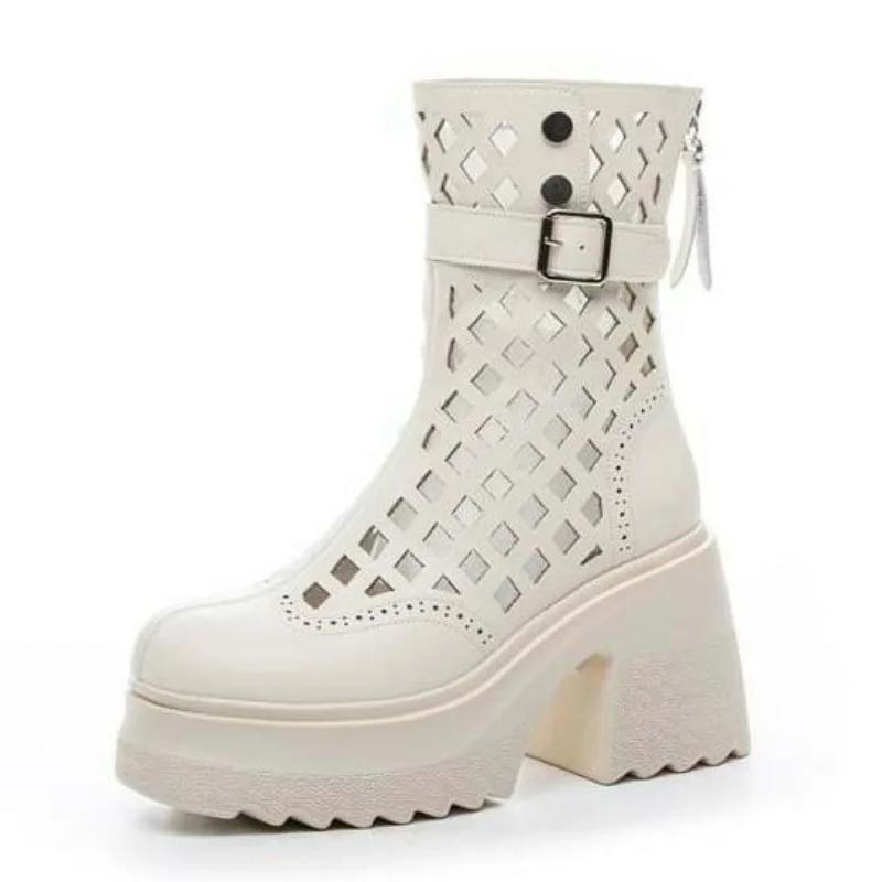 

Fashion High Quality 10CM Genuine Leather Boots Chimney Sandals Hollow Ankle Booties ZIP Fashion Shoes Women Moccasins Summer Motorcycle 40 бежевый