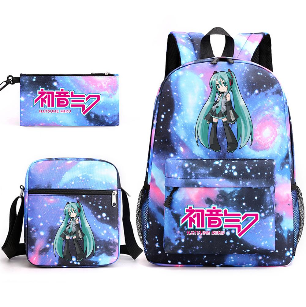 3Pcs/set Anime Cartoon Hatsune Miku Printed Backpack with Shoulder Bag Pencil Case for Teenager Student Boy Girl Large Capacity Waterproof School Bag