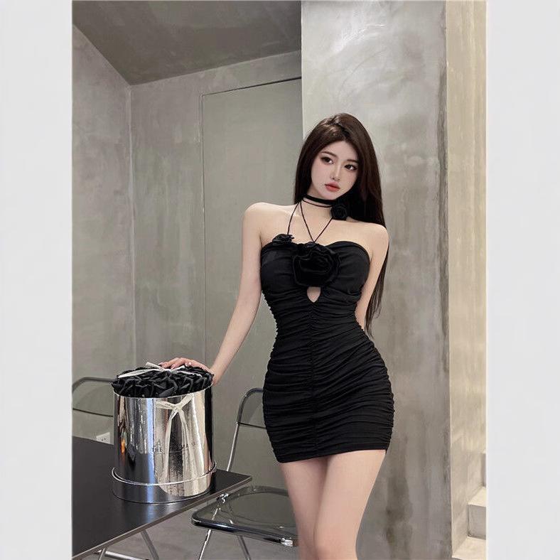 Rose neck sling niche dress summer wrinkle slim hip wrap hottie skirt women