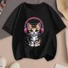 Kids Crewneck Short Sleeve Tee, Cute Tabby Cat Wearing Headphones Print Summer Casual Top