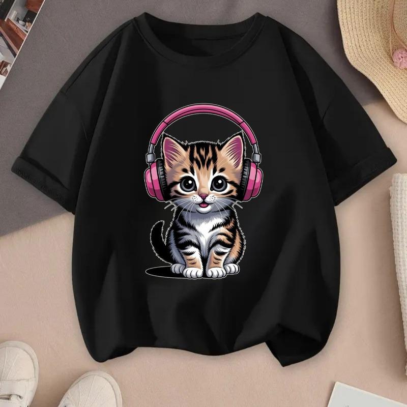 Kids Crewneck Short Sleeve Tee, Cute Tabby Cat Wearing Headphones Print Summer Casual Top