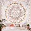 White Pink Bohemian Tapestry Wall Hanging, Mandala Floral Medallion Hippie Tapestry with Light Brown Aesthetic Wreath Design,
