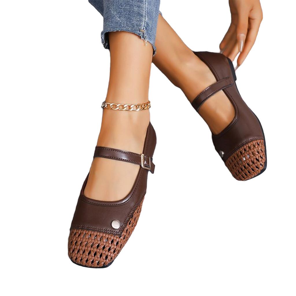 Women's Summer Breathable Mesh Woven Mary Jane Flats Lightweight Slip On Casual Shoes with Buckle Strap for Daily Wear