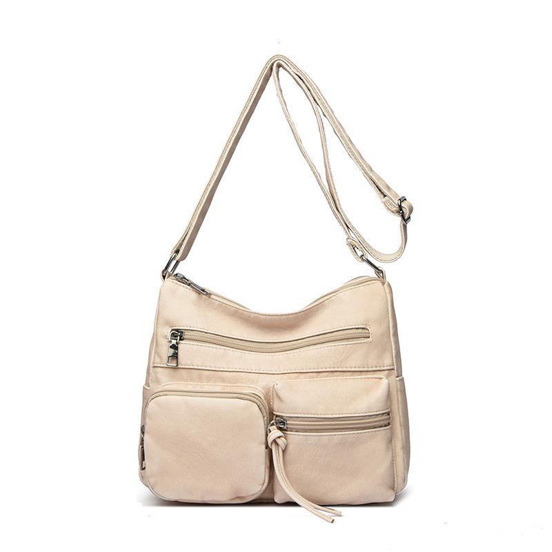 New women's bag retro fashion faded soft leather shoulder bag trendy multi-pocket large-capacity messenger bag