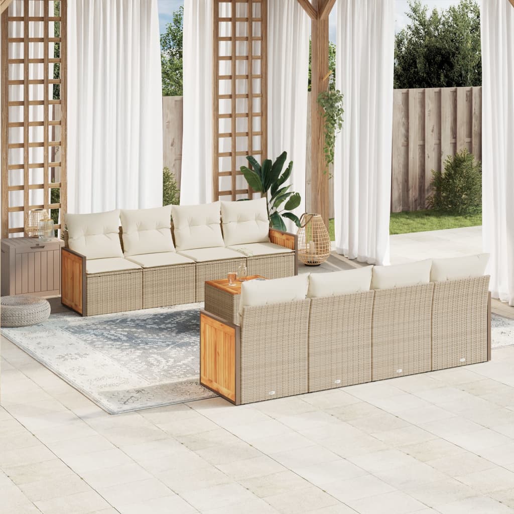 Vidaxl 9-Cz. Set di Mobili da Giardino con Cuscini, Beige, Polyrattan