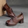 Johnature Retro Women Shoes Med Heels Solid Color Pumps Genuine Leather Round Toe Handmade Lace-up Shoes