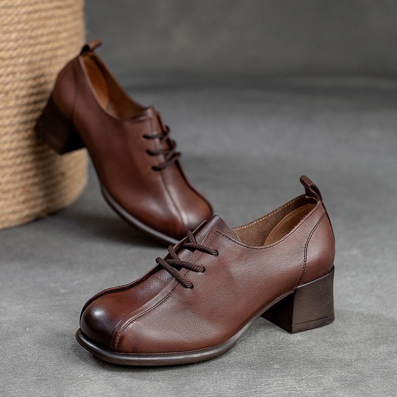 Johnature Retro Women Shoes Med Heels Solid Color Pumps Genuine Leather Round Toe Handmade Lace-up Shoes