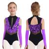 Kids Dance Leotard with Gloves Mock Neck Cutout Back Sparkling Sequins Color Block Performance Outfit