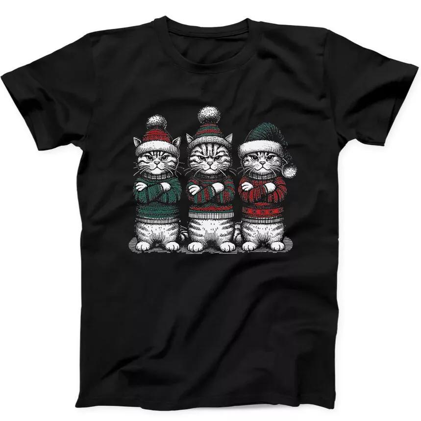 Merry Christmas Cats Cute Winter Festive Santa Funny Gift Black T Shirt 217