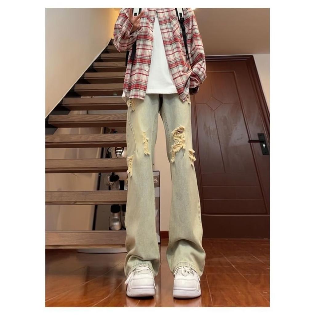American street washed old ripped jeans men's spring and autumn straight loose European and American high street vibe wind long pants