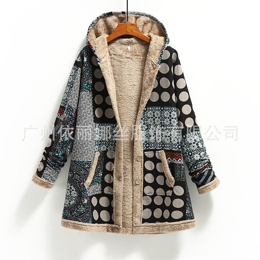 Winter explosion of new women's clothing cotton and linen printing hooded sweater warm plush jacket