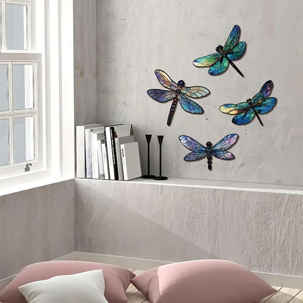 Dragonfly Wall Art Wooden Dragonfly Wall Decoration 4 Pieces Colorful Garden Decoration Sculpture Outdoor Hangings for Patio
