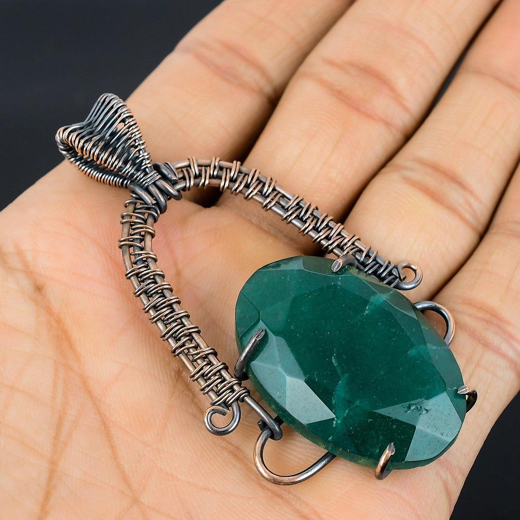 Emerald Pendant, 999 Copper Wire Wrapped Pendant Gemstone Jewelry, Handmade Pendant Amazing Jewelry, Gift For Her
