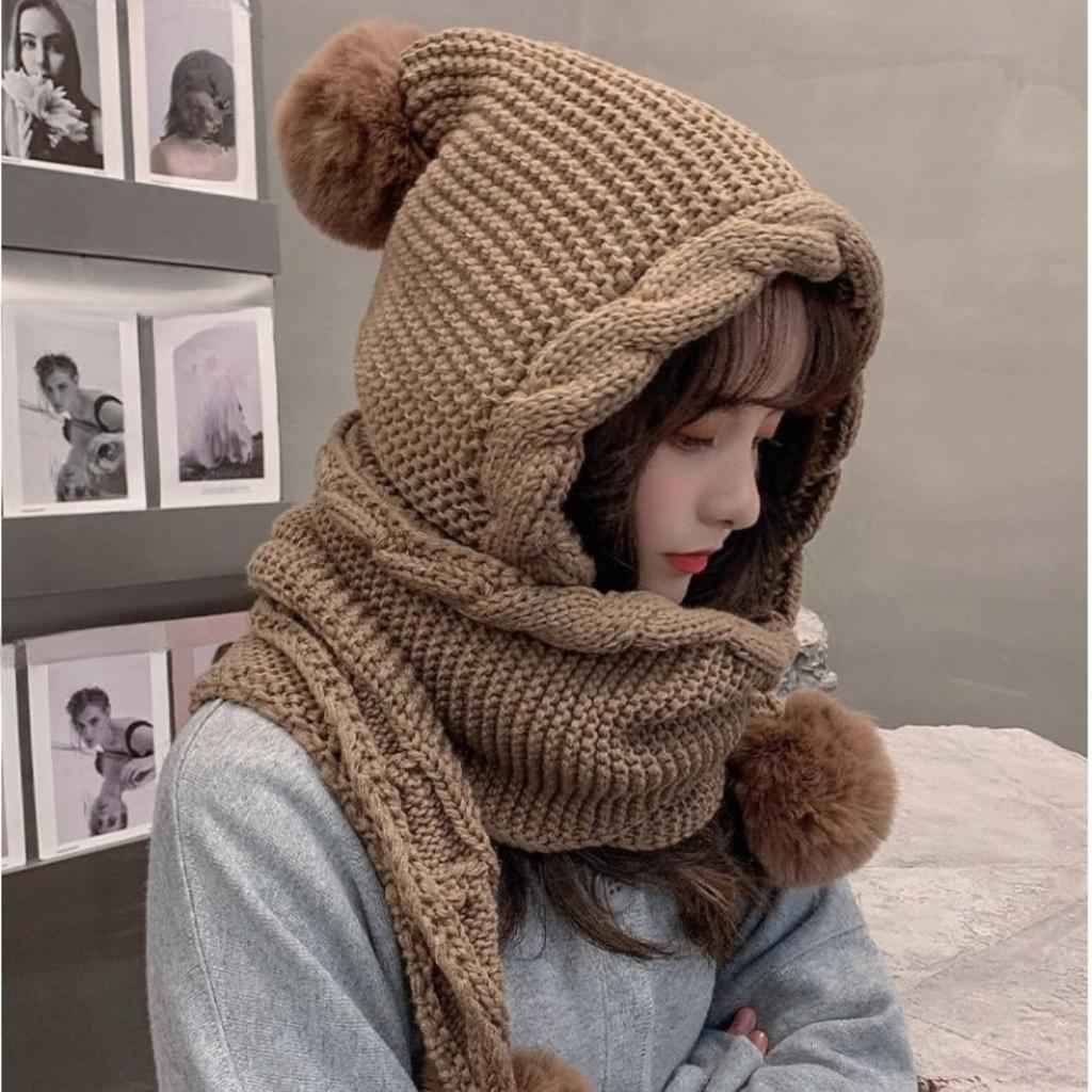 Plüschwollmütze für Damen, vielseitig für Herbst und Winter, inklusive Schal und einteiliger Mütze, niedlicher Pelzbommel-Ohrenschutz, dick und warm gestrickt