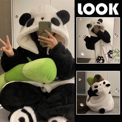 Kigurumi Cartoon Panda Pajamas Women Coral Fleece Thickened Nightgown Cute Girl's Pajamas