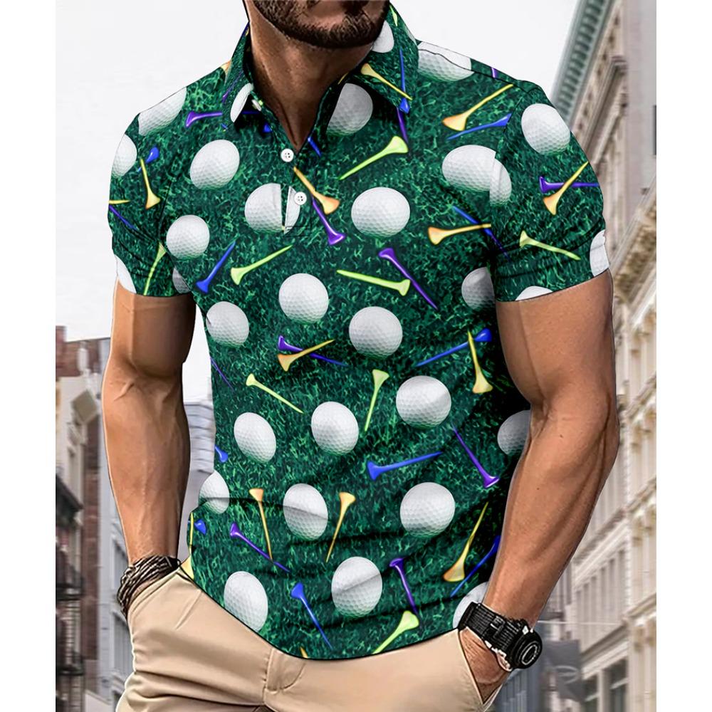 Summer Men s Short-Sleeved Polo Golf Print Casual Button Top S
