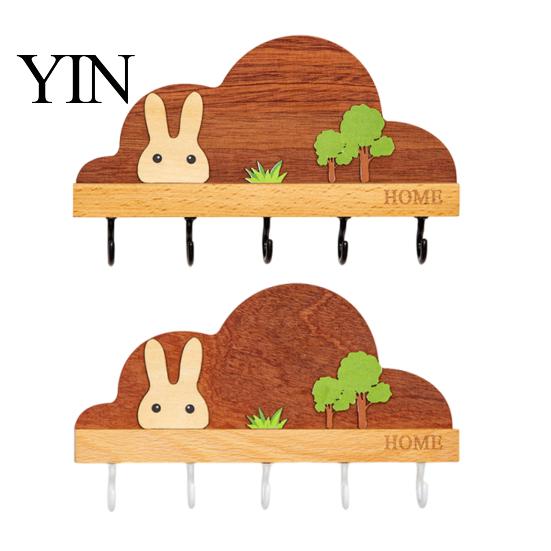 Adhesive Wall Hooks Solid Wood Key Holder with 5 Hooks, Decorative Mounted for Leashes Rack, Space Saving Organizer Entryway Kitchen And Office Rack