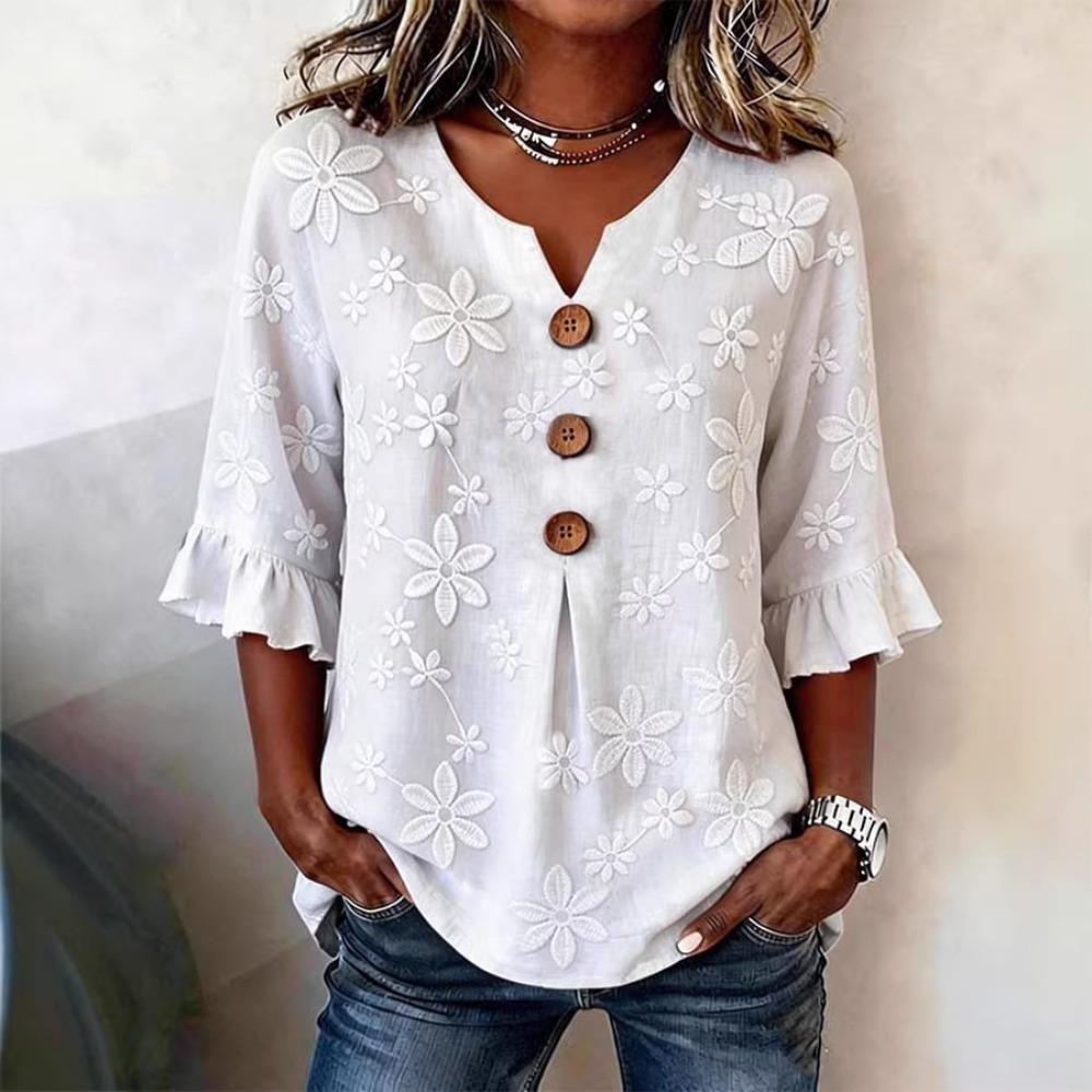 Women's V Neck Three Quarter Sleeve Top Loose Fit Floral Embroidery Ruffle Cuff Casual Blouse