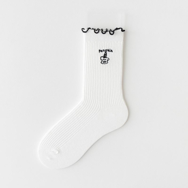 

Cartoon-embroidered Socks for Women, Spring and Autumn, Thin and Versatile Mid-calf Socks, Sweet Black Ear-trimmed Pile Socks 1 pair білий