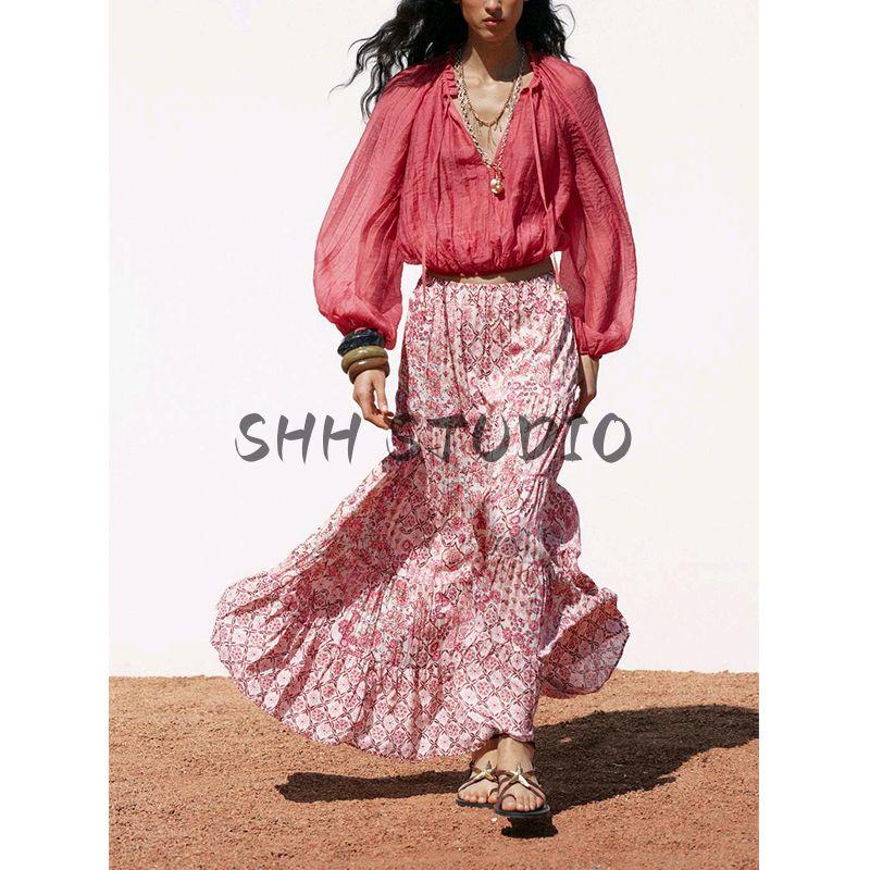 Summer New Arrival Women's Layered Stitching Big Swing Bohemia Retro Print Long Skirt 5029090