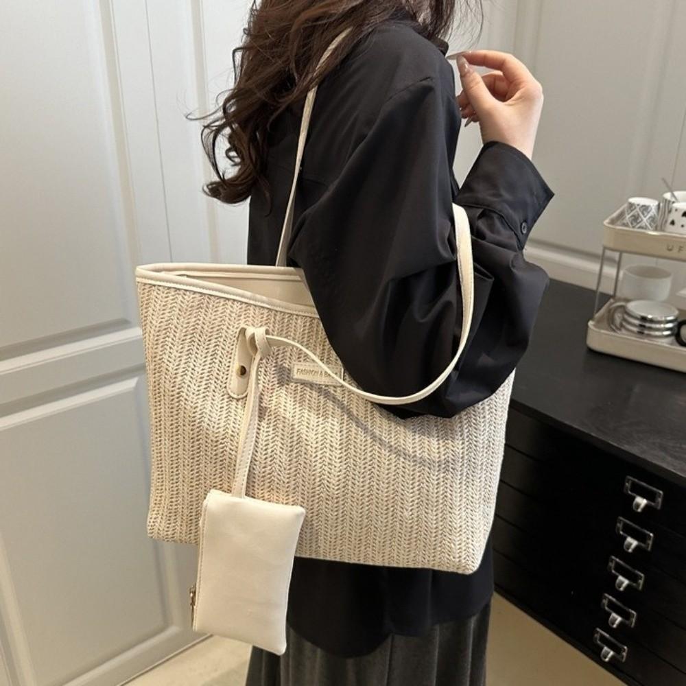 PU Weave Tote Bag Solid Color Beach Straw Handbag Simple Straw Shoulder Bag  Women