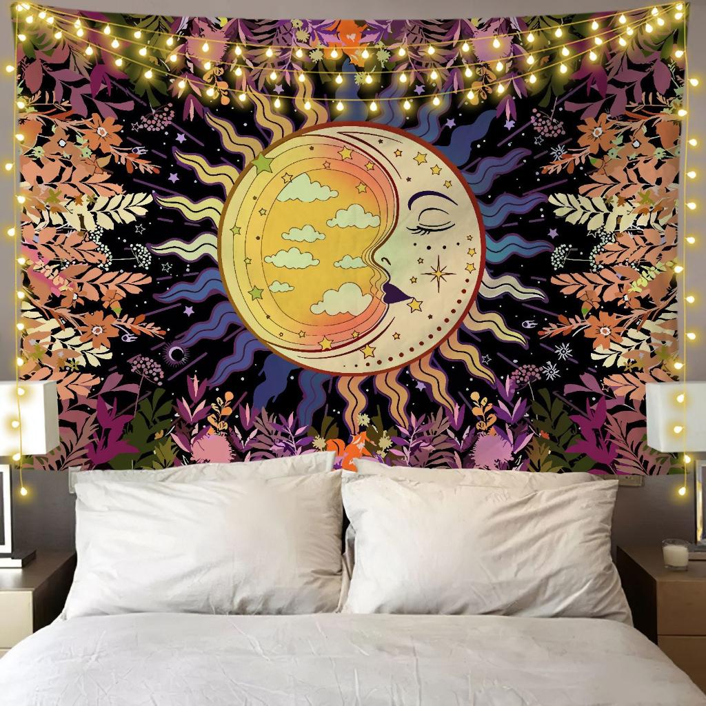 VIKAMA Vintage Floral Moon Phase Tapestry Bohemian Flower Star Moon Wall Blanket for Bedroom Living Room Dormitory Decor