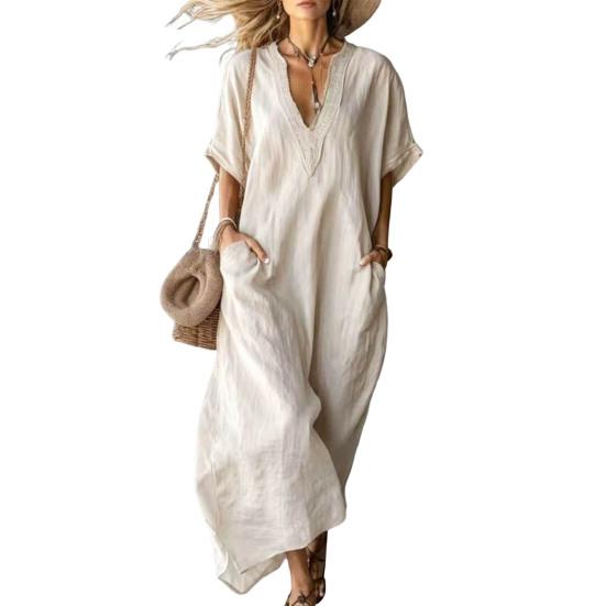 Summer Maxi Dress V Neck Dress Casual for Women Loose Flowy Long Short XL слоновая кость