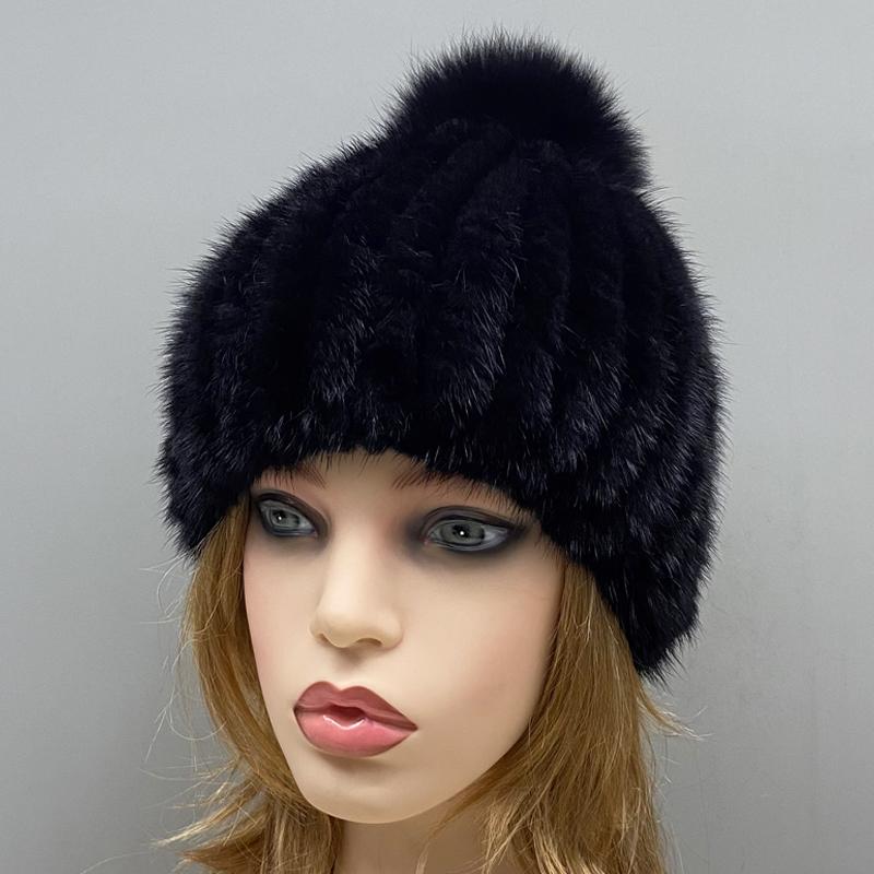 

Зимові шапки для жінок з помпоном, теплі, з натурального хутра норки, шапка, товстий головний убір, класична, популярна, стильна жіноча в язана шапка One Size