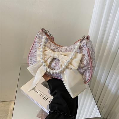 

Fashi Pearl Chains Design Female Shoulder Messenger Bag Sweet Bow Ladies Crossbody Bags Flower Pattern Women Square Handbags рожевий