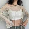 Boho Dámské Pletené Tričko Y2k Vykrojené Volné Dámské Zkrácené Tričko Vintage Korejské Roztrhané Dlouhý Rukáv Všechno Se Hodí Dámské Svetry
