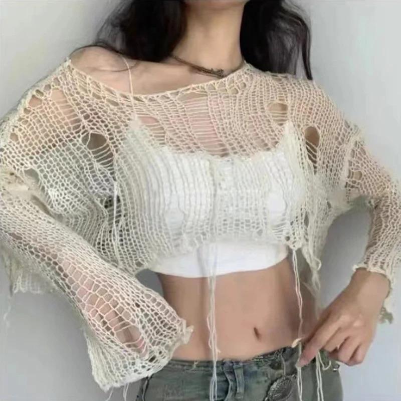 Boho Damen Strick T-Shirt Y2k Hollow Out Locker Damen Crop Tees Vintage Koreanisch Zerrissen Langarm All Match Damen Pullover