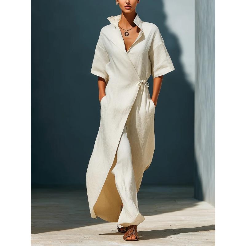 Summer New Style Casual V-neck Short-sleeved Belt-wrapped Fitted Slimming Figure-enhancing Blouse Dress