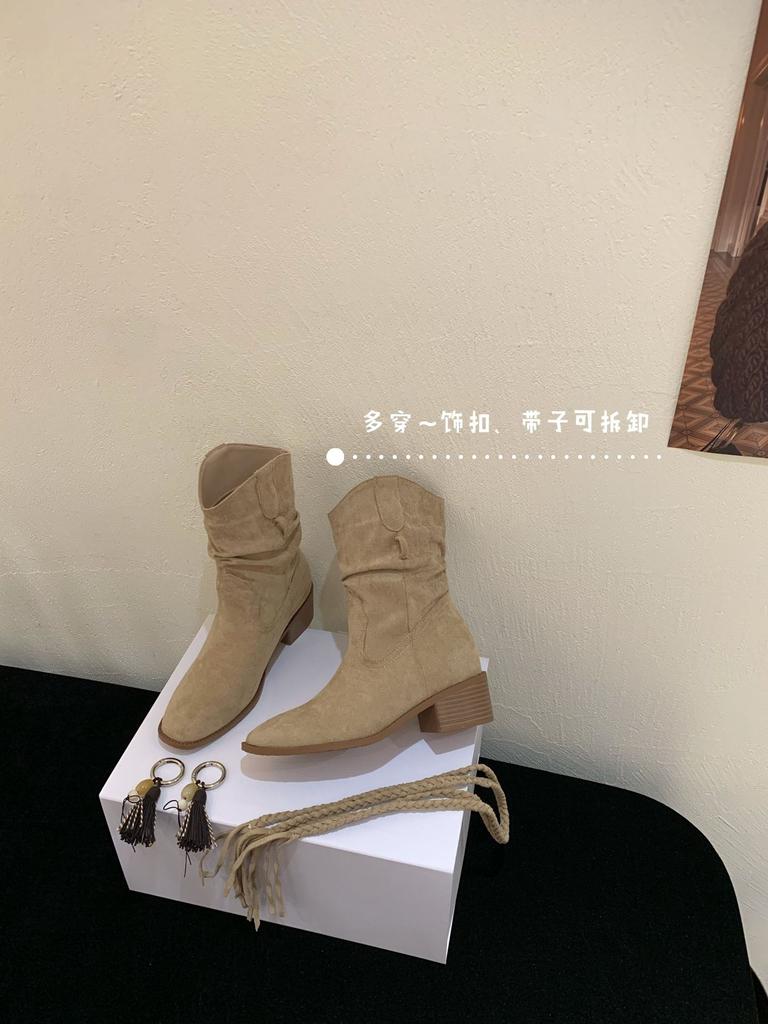 2025 Autumn and Winter New Tassel Thick Heel Women's Boots Square Head Inner Height Increase Western Cowboy Boots High Heel Knight Medium Boots