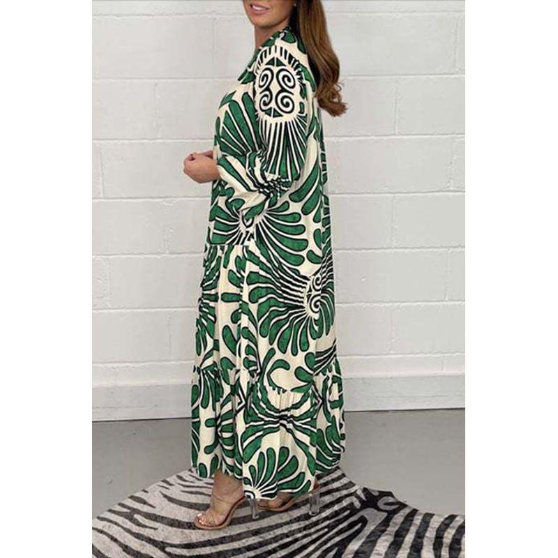 

Модный стиль весна V-образный вырез однобортный принт свободный рукав три четверти средней длины длинный рюши платье женское платье Green L