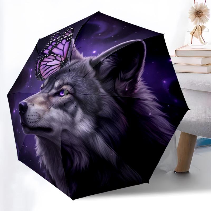 Purple Galaxy Wolf & Butterfly Print Folding Umbrella, Magical Night Sky Design Compact Umbrella