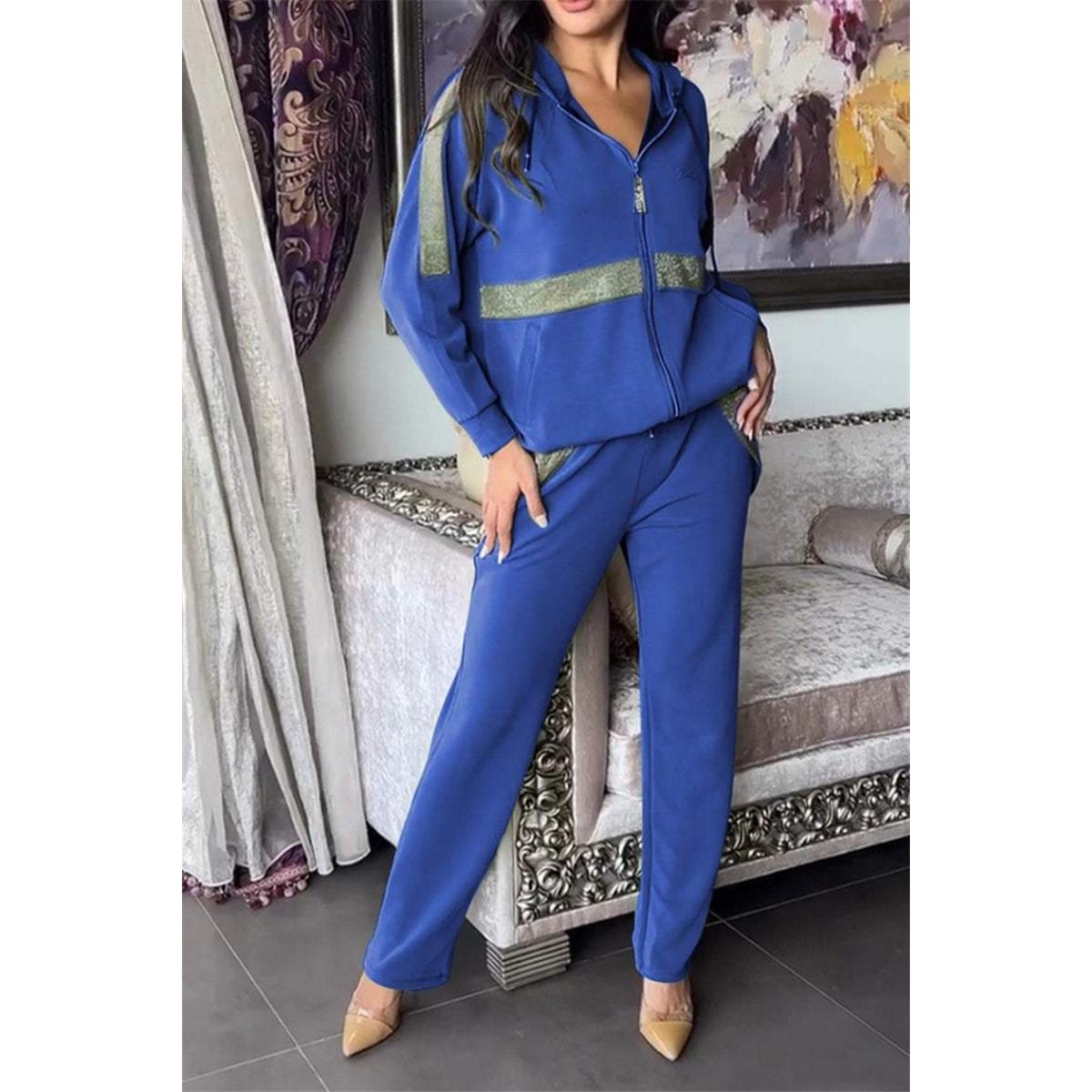 

Комплекты женской одежды повседневные спортивные осенне-зимние толстовка с капюшоном и брюки с длинными рукавами комплект из 2 предметов L синий