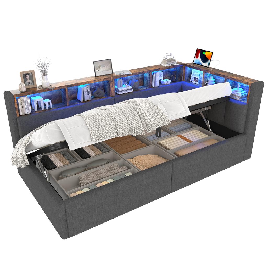 Daybed, Sofa Bed, 90 × 200 Cm, USB + Type-C Ports, Hydraulic Storage, Storage Compartments, Multicolor LED Strip Lighting, No Mattress, Linen, Gray