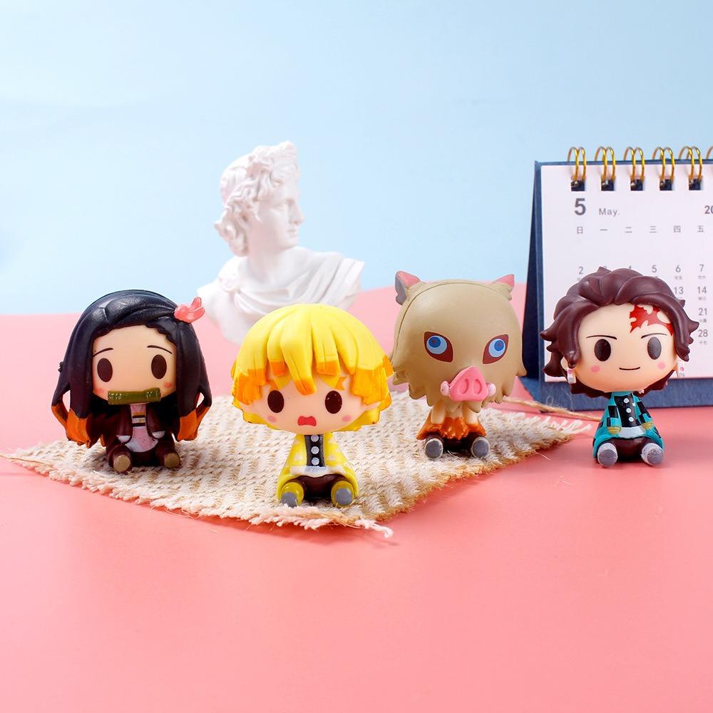 4Pcs/Set Q Version Demon Slayer Sitting Ghost Doll 4cm Tanjiro Nidouzi Inosuke Zenizu Figure Action Figure Movie Model Toys