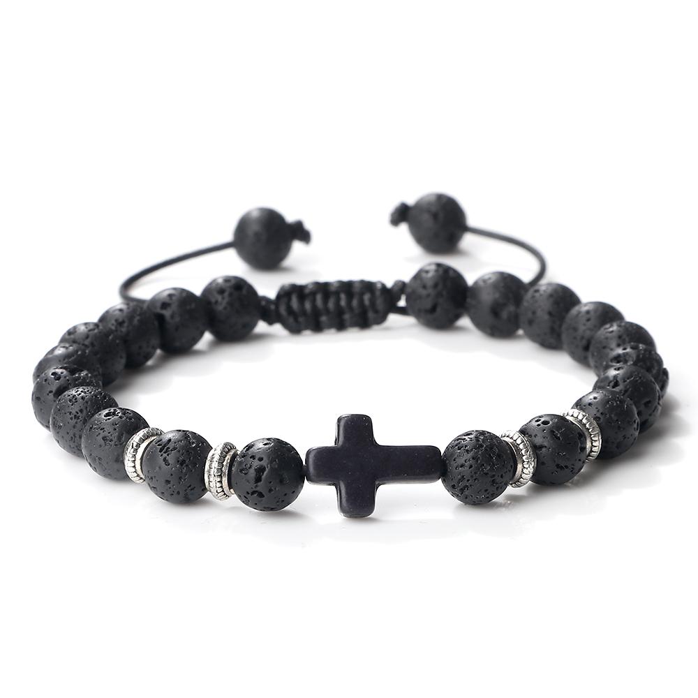 Men Women Braided Bracelet 8MM Natural Stone Christian Bless Jesus Cross Hematite Bead Bracelets Bangles Prayer Handmade Jewelry