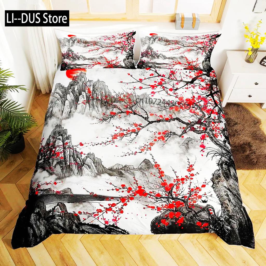Japanese Landscape Duvet Cover Set For Teens Adults Queen Quilt Covers Lightweight Down 2 Pillowcases 1 Duvet Cover No Comforter