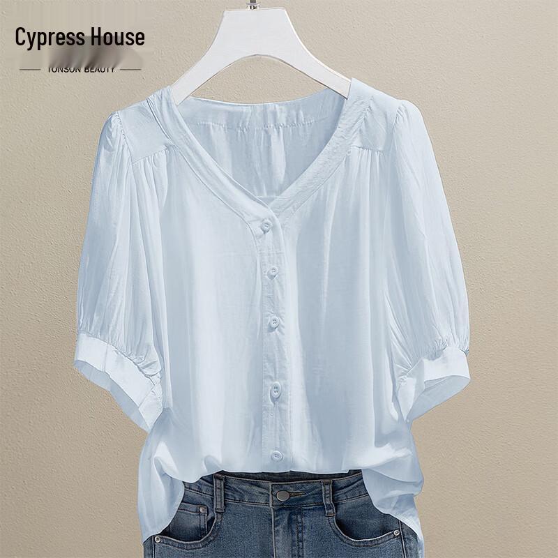 Sybylshe Women's V-Neck Short Sleeve Button-Front Shirt