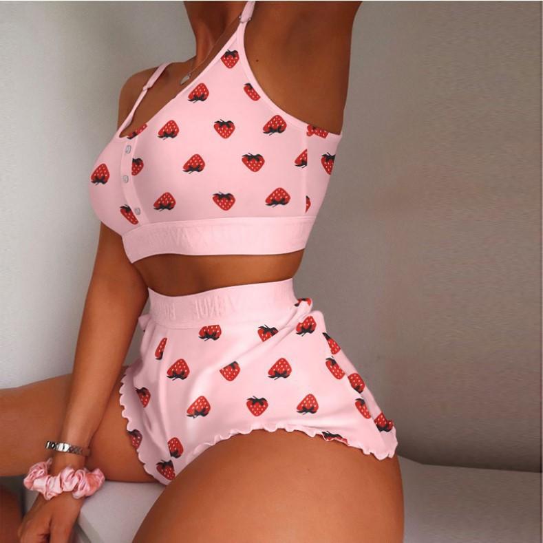 Women's Kawaii Strawberry Print Pajama Set, 2-Piece Cami Crop Top & Shorts, Cute and Sexy Sleepwear for Women