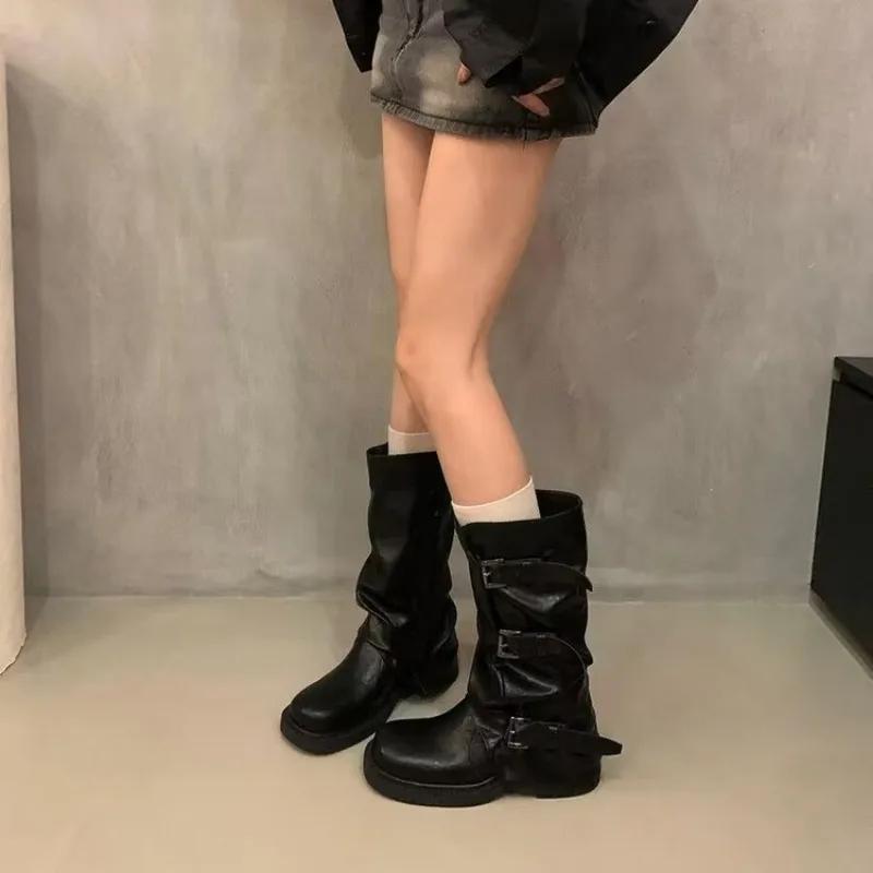 Fashion Women's Boots Belt Buckle Design Mid Calf Boots High Quality Casual Leather Botas Classic Black Fashion Boots for Women