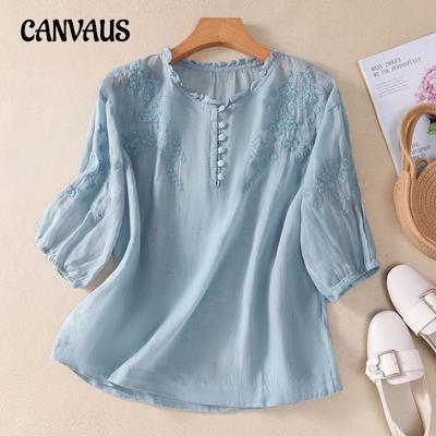 Plus size verão camisa feminina algodão linho literário solto bordado flor com decote em v manga curta topo