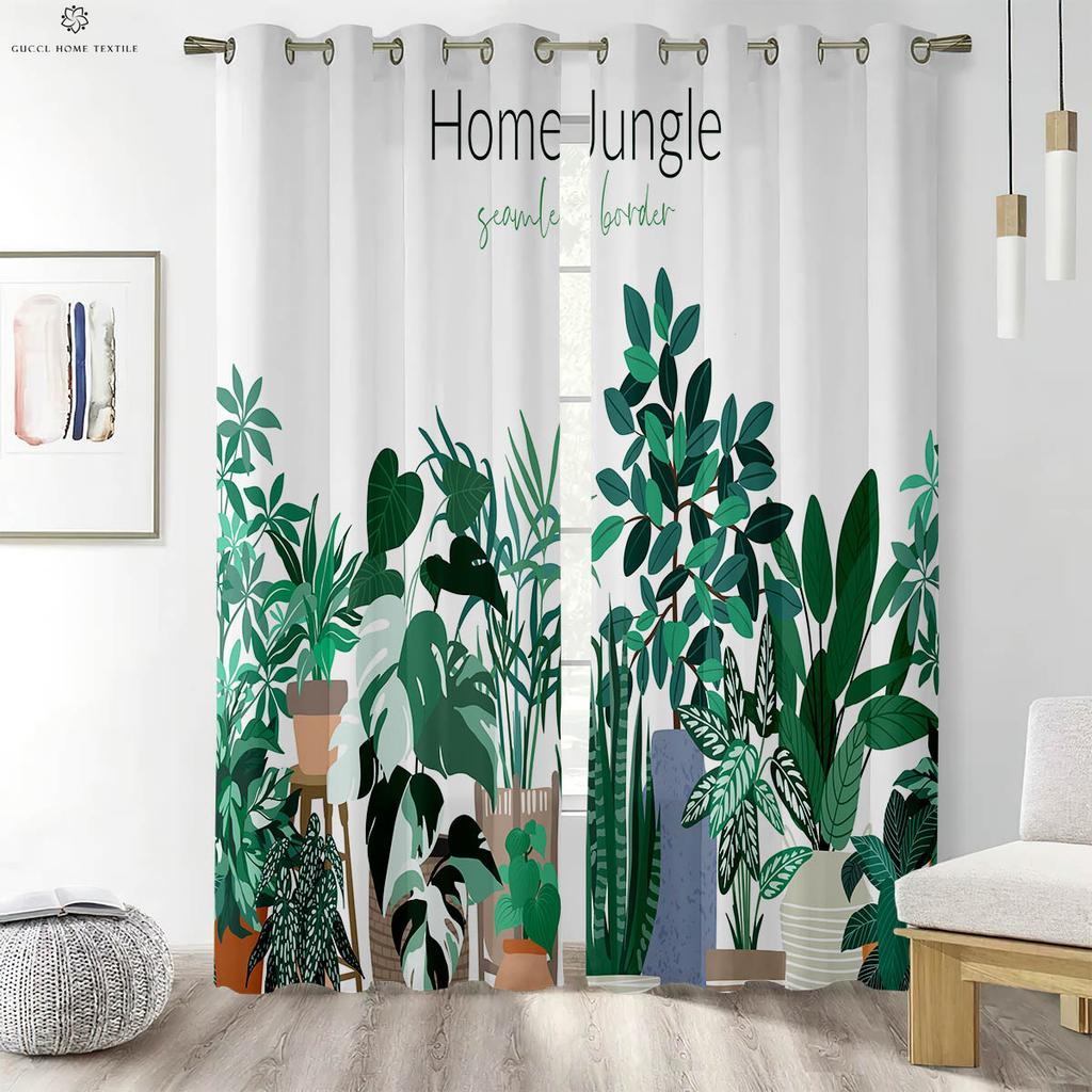 2Pcs Tropical Plant Leaves Printed Curtains 100% Polyester Machine Washable Bedroom Living Room Kitchen Decorative Curtains