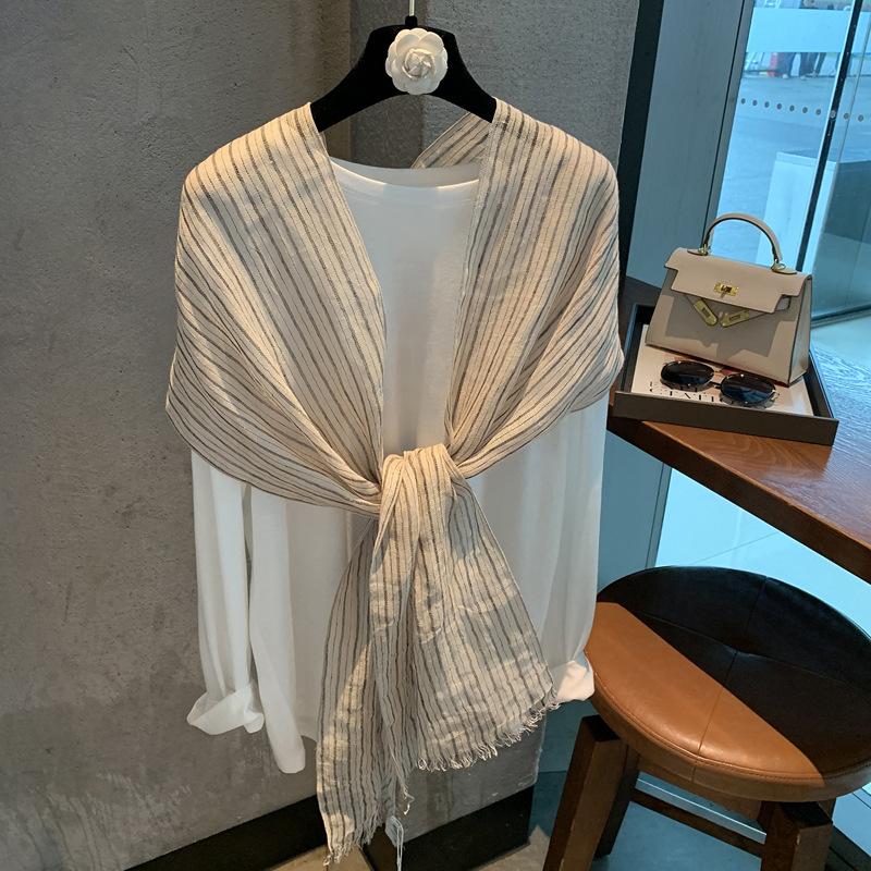 Retro Versatile Plaid Silk Scarf Women'S Long Linen Literary Atmosphere Decorative Scarf Vertical Shawl Long Silk Scarf